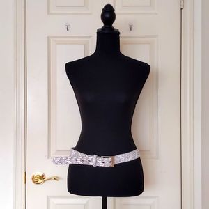 NWOT. Vintage Silver Sparkle, Beads and Embroidery Design Belt w/Chrome Buckle.